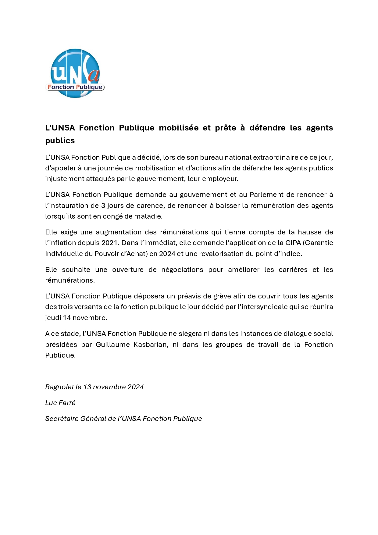 Courrier UNSA FP