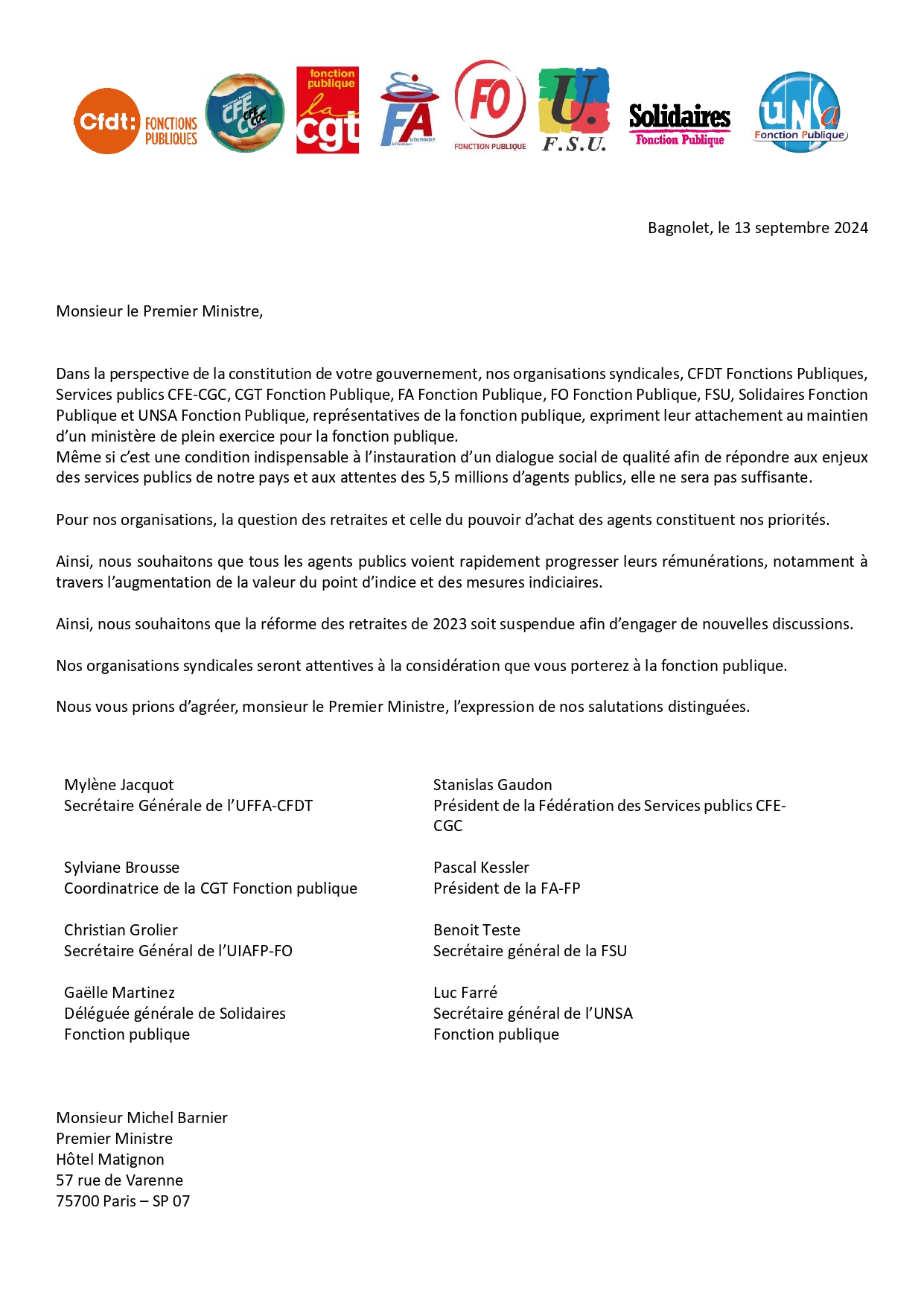 Lettre intersyndicale au Premier Ministre