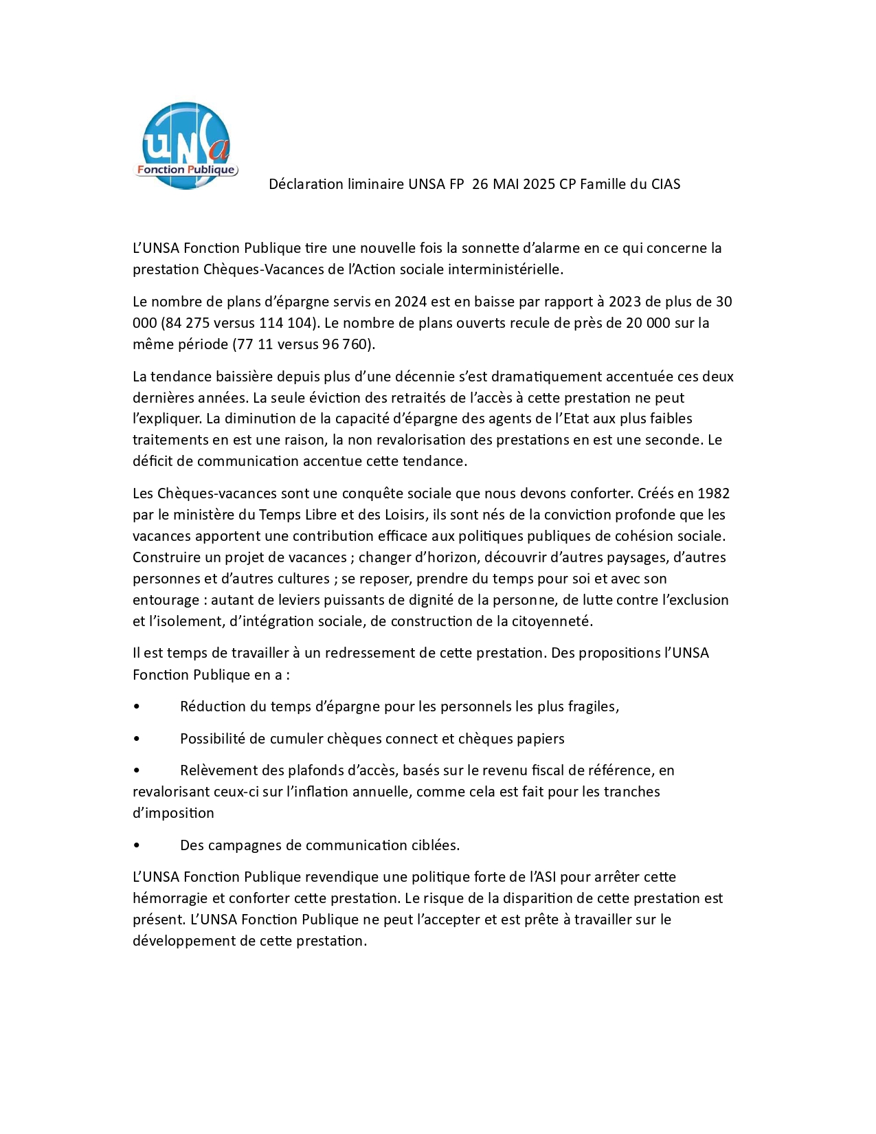 Déclaration UNSA FP