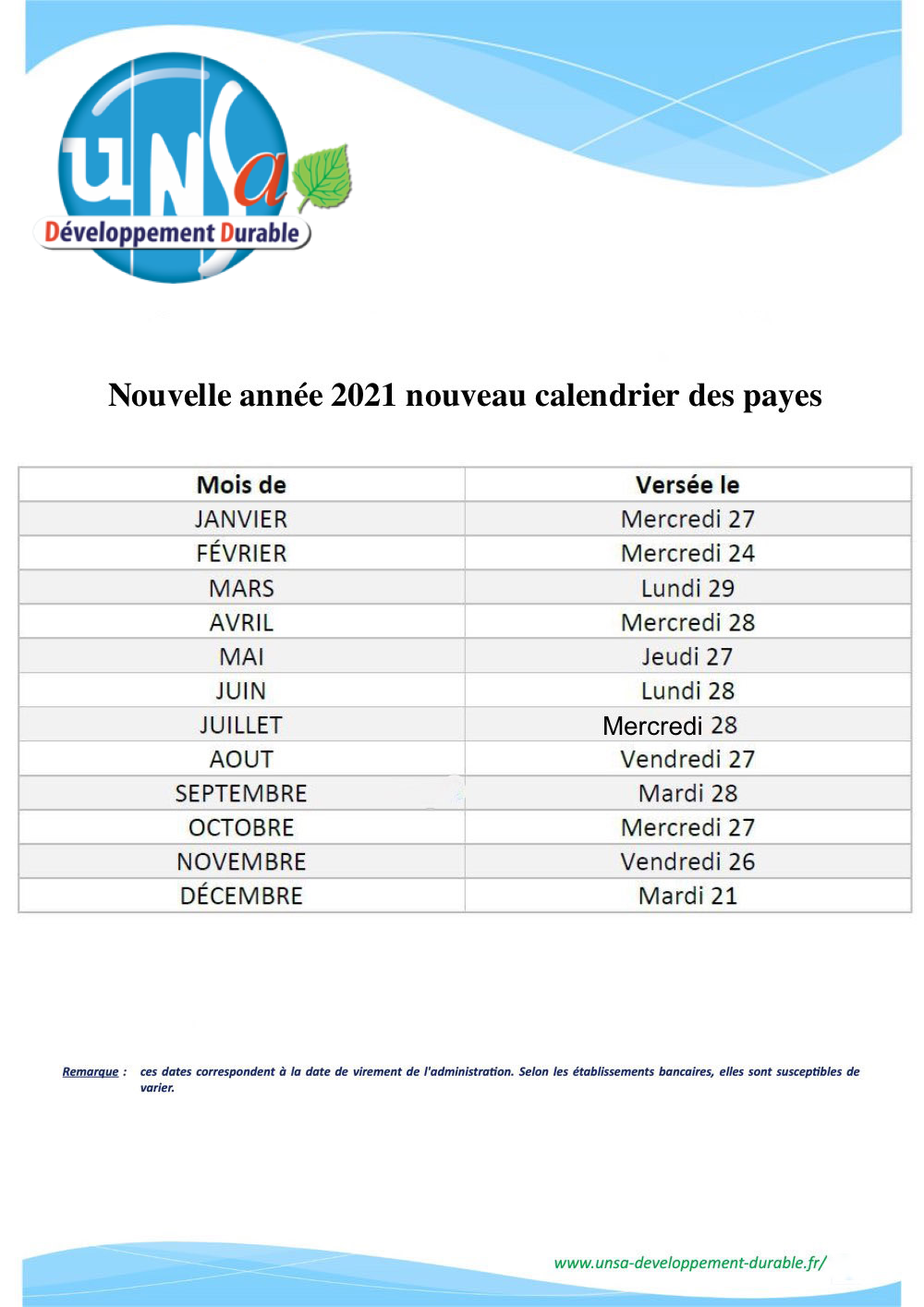 Calendrier des payes 2021 b