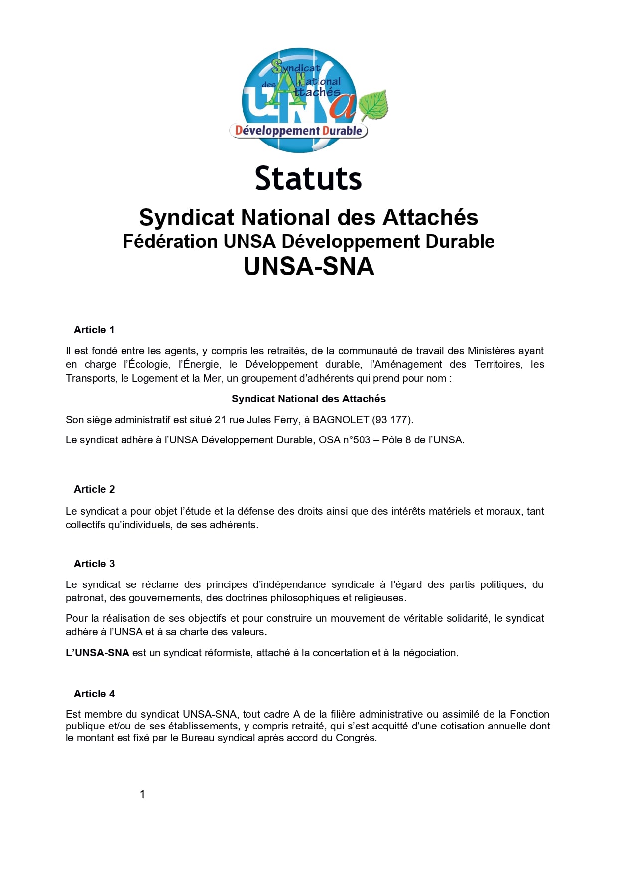 Statuts UNSA SNA 2023 adoptés