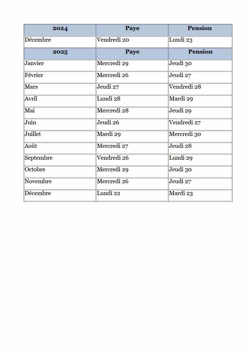 Calendrier paye